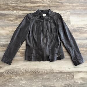 Halogen Brown Leather Ruffle Hem Moto Jacket Size L Women’s Boho